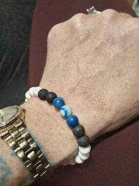 Beaded Evil Eye Bracelet In Lava Stone and Blue Agate